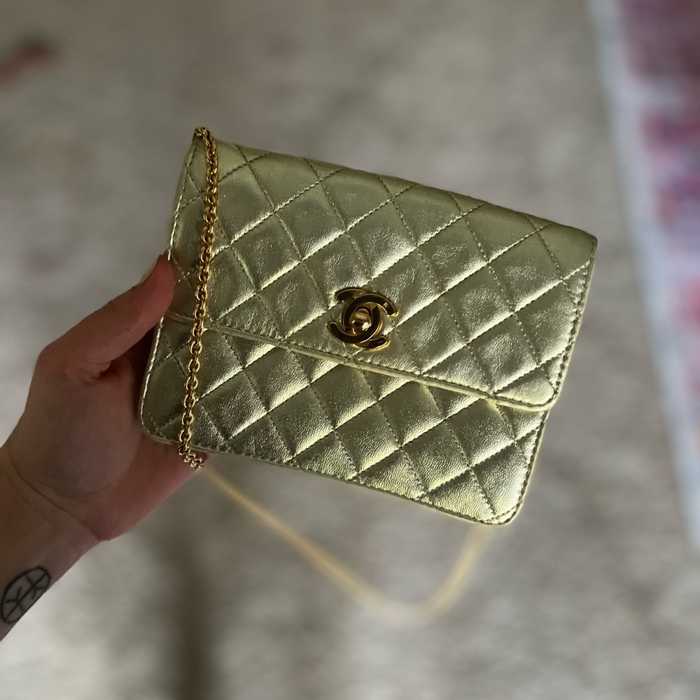 Vintage Mini Metallic Chanel bag with Long Gold Chain